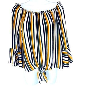 A. Byer Retro Green Yellow Navy Striped Bell Sleeve Relaxed‎ Blouse Top — SZ M/L